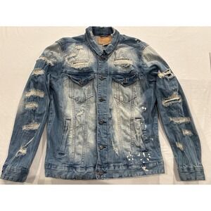 Smoke Rise Distressed Denim Jacket Men L Blue Ripped Bleach Splatter Thrashed